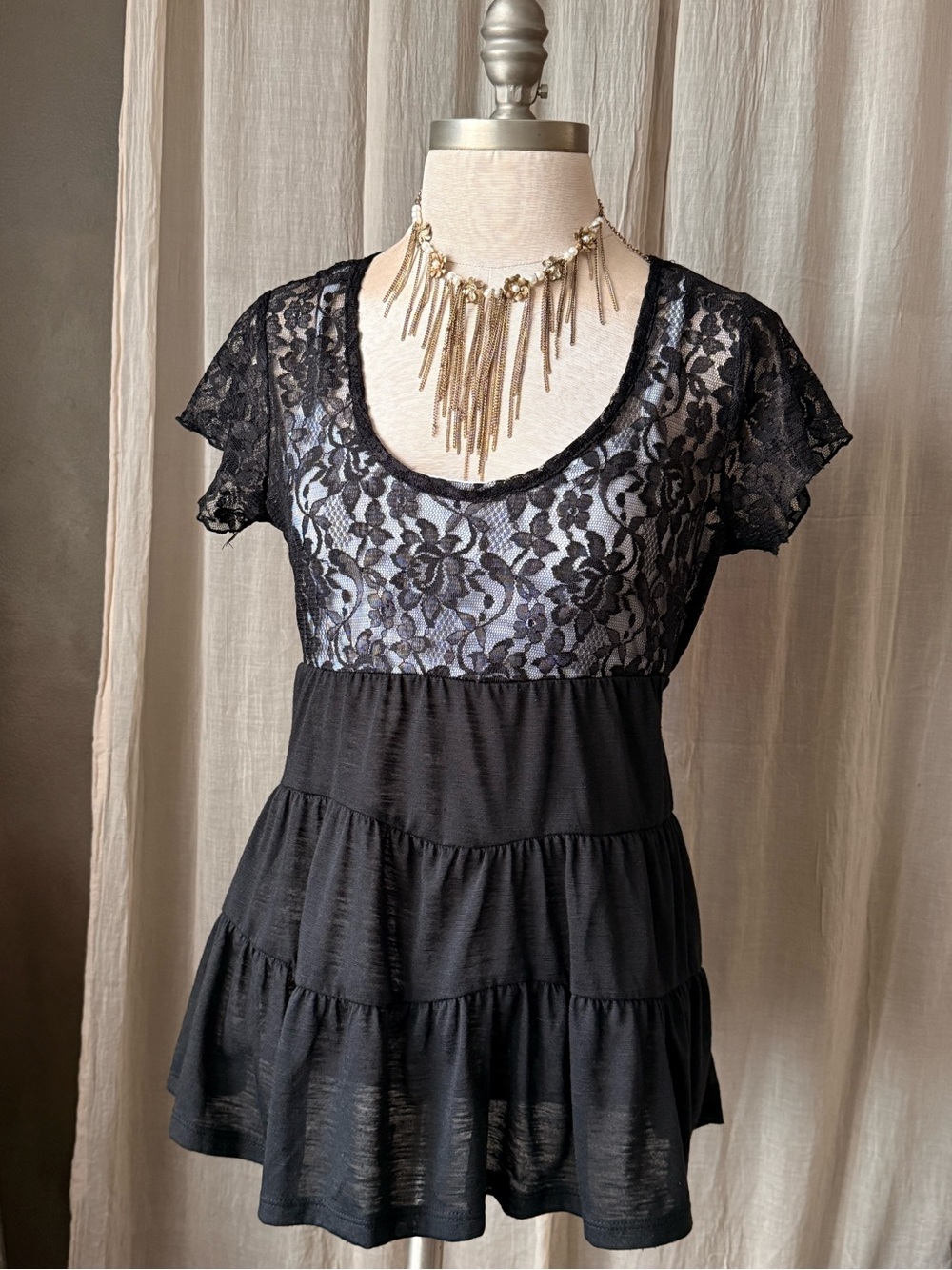 Vintage y2k Self Esteem black babydoll-style lace top with cami insert